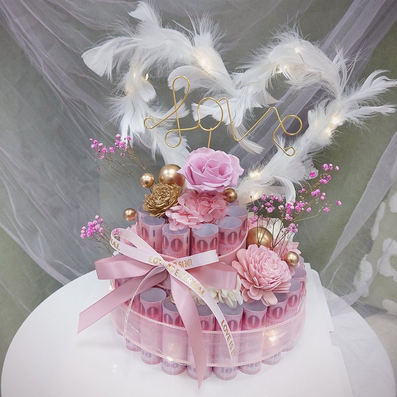 心之飛翔雙層有錢花蛋糕/有錢花蛋糕/永生花/週年禮物/鈔票蛋糕 - 乾燥花/永生花 - 植物．花 粉紅色