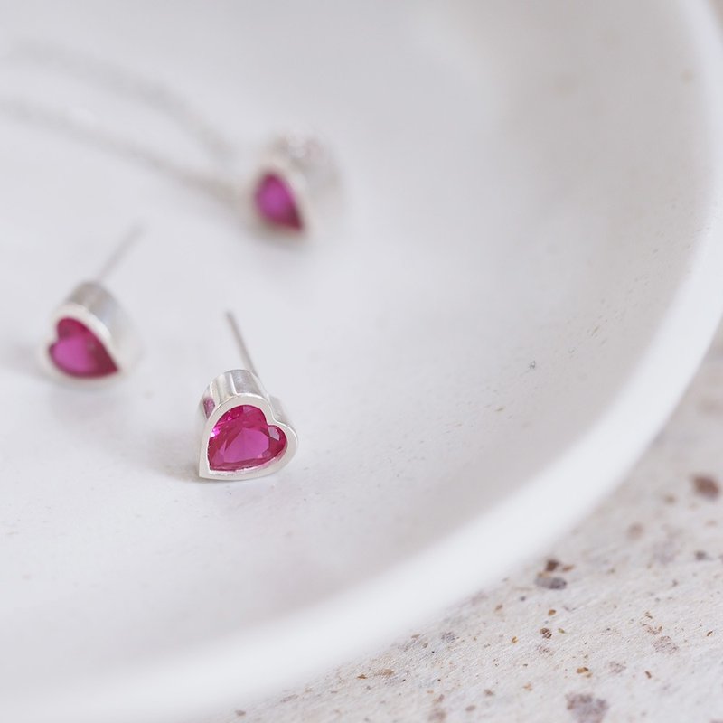 2コset) ruby ハート ネックレス ピアス セット シルバー925 - 項鍊 - 其他金屬 紅色