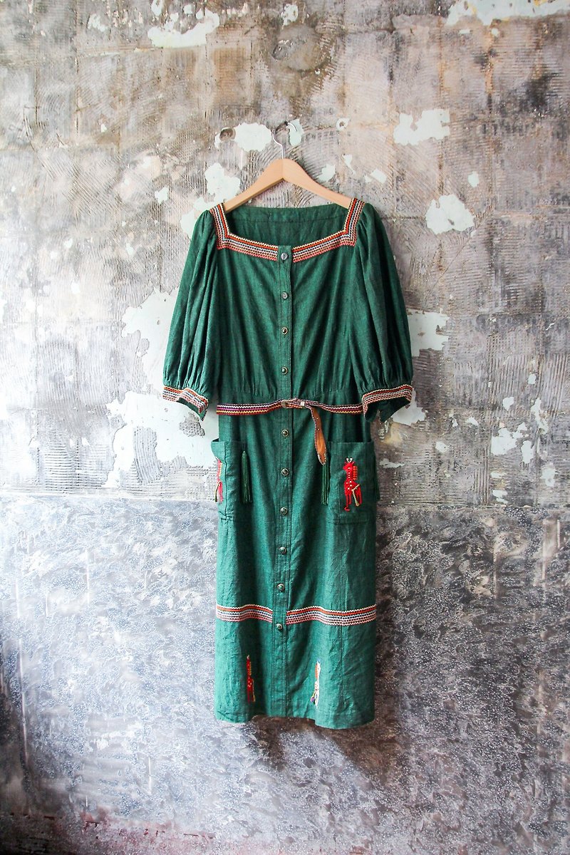 裊裊百貨公司-Vintage 方領彩色編織童趣墨西哥洋裝 復古著 - 洋裝/連身裙 - 棉．麻 