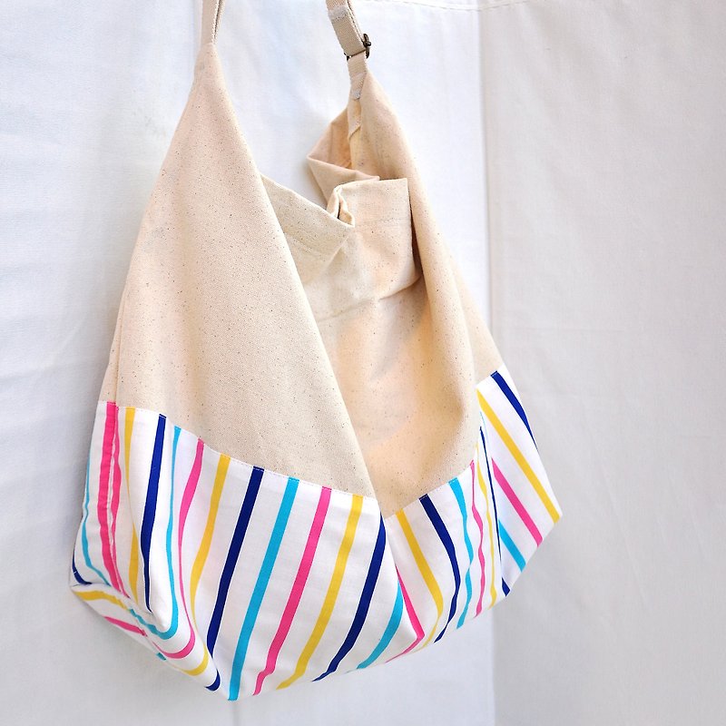 Sister Bao Pig Handmade // Rainbow Cloth, Coffee Canvas Patchwork Tote Bag - Messenger Bags & Sling Bags - Cotton & Hemp Multicolor