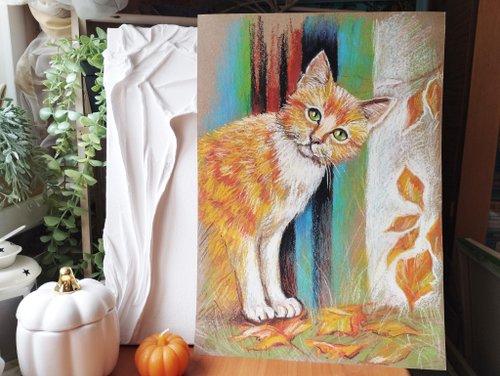 赤猫秋画パステルポートレート動物アートを描く - ショップ