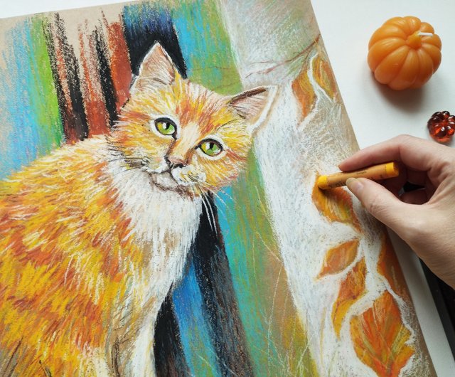赤猫秋画パステルポートレート動物アートを描く - ショップ