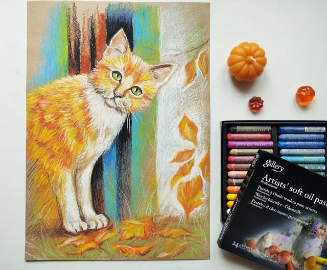 赤猫秋画パステルポートレート動物アートを描く - ショップ