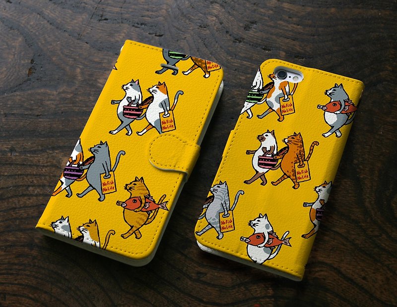 iPhoneカバー・手帳タイプ　猫たち（イエロー） - 其他 - 聚酯纖維 黃色