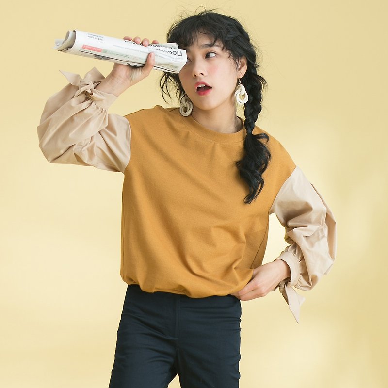 Annie Chen 2018 spring and summer new literary women's shirt stitching hit color sweater T-shirt - เสื้อผู้หญิง - ผ้าฝ้าย/ผ้าลินิน สีเหลือง