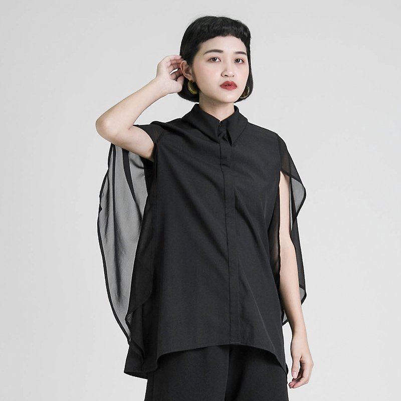 Phantom phantom stitching shirt _8SF052_ black - เสื้อเชิ้ตผู้หญิง - ผ้าฝ้าย/ผ้าลินิน สีดำ