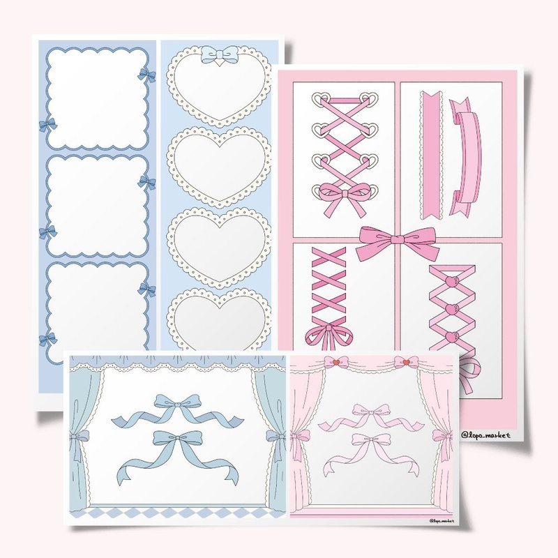 Lovely Ribbon Life Four-Cut + Curtain Frame – 15 Sheets per Set - 貼紙 - 紙 