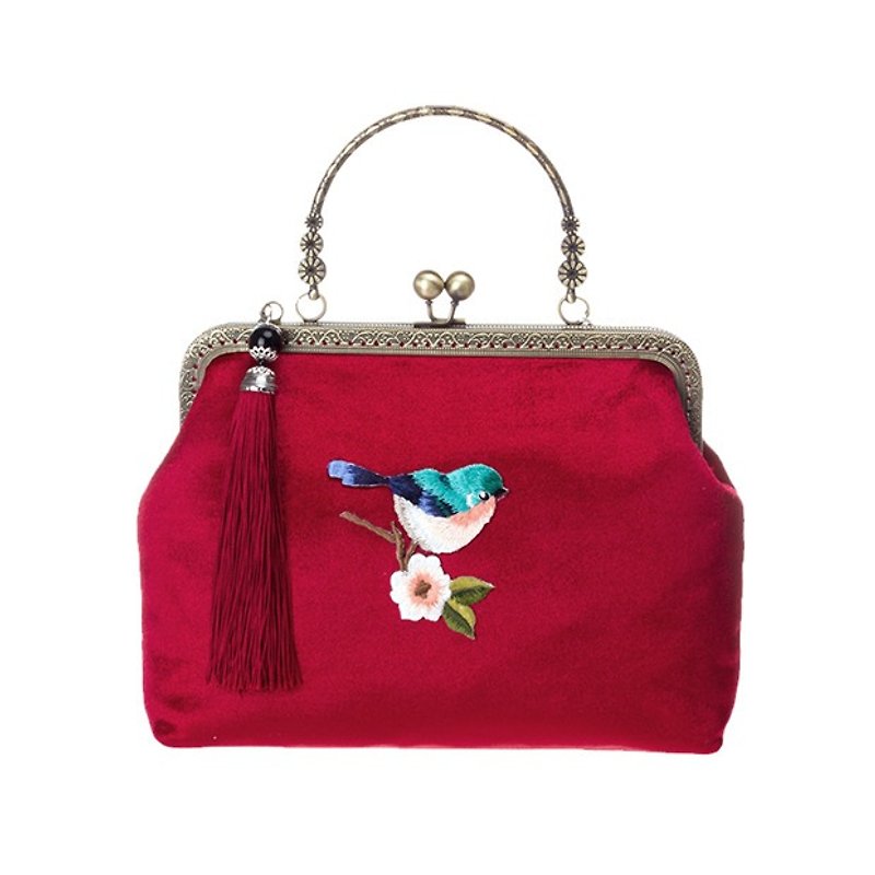 On the new first 50% off) mouth gold package cheongsam bag Messenger bag embroidered bird iphone phone bag mobile phone bag oblique bag bag bag birthday gift square red - กระเป๋าแมสเซนเจอร์ - ผ้าฝ้าย/ผ้าลินิน สีแดง