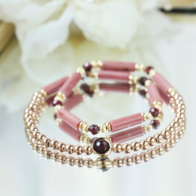 Rose of Versailles / Stone/ Rhodonite / Rose Gold beads double ring natural stone crystal bracelet - สร้อยข้อมือ - คริสตัล สึชมพู