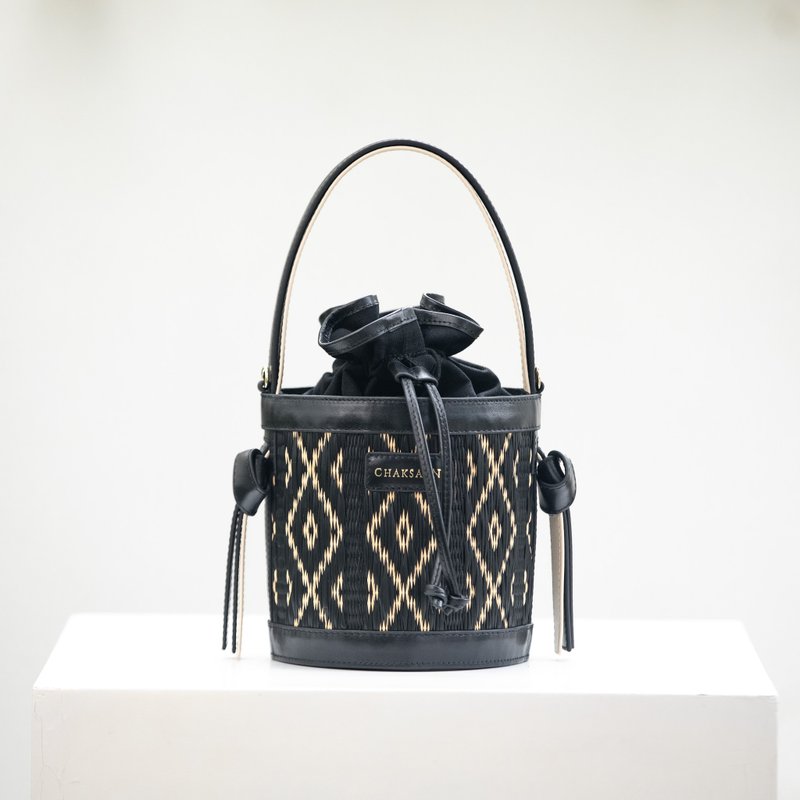 Chaksarn Mini Bucket: Natural Straw with Black Genuine Cowhide Leather - Handbags & Totes - Genuine Leather Black