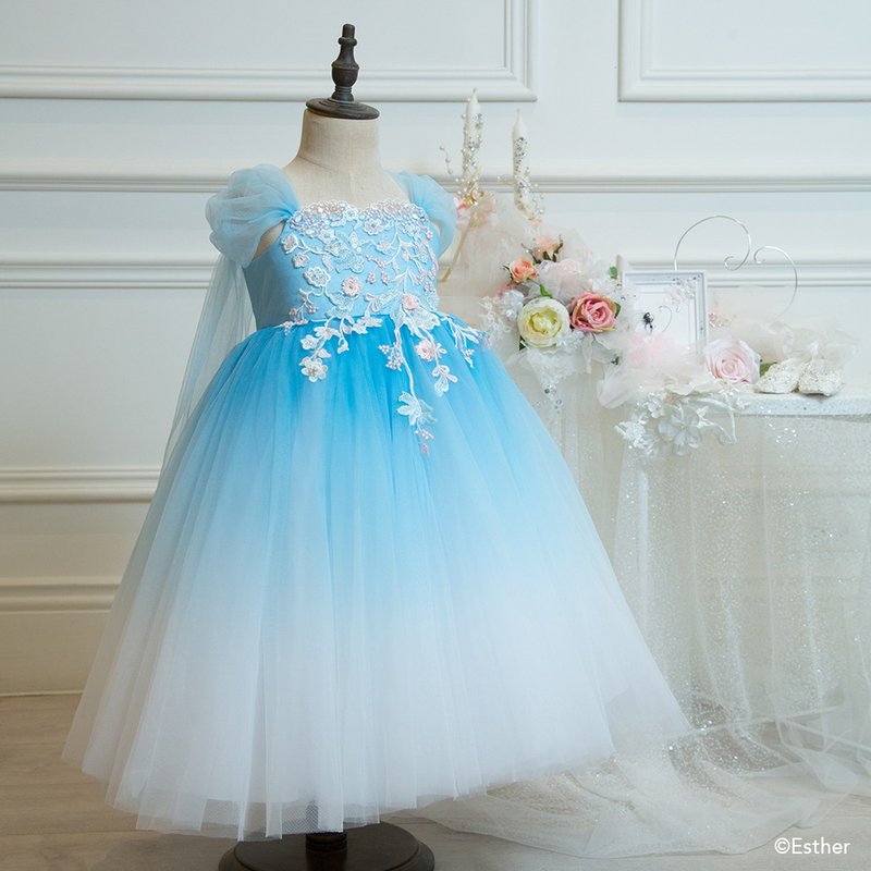 [Girls' custom dresses] Sweet baby dress, ice and snow ocean princess, water blue gradient skirt - ชุดเด็ก - ผ้าฝ้าย/ผ้าลินิน สีน้ำเงิน