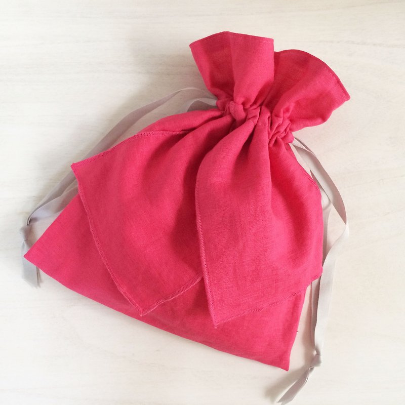 コットンリネン リボン巾着 ピンク - 化妝袋/收納袋 - 棉．麻 粉紅色