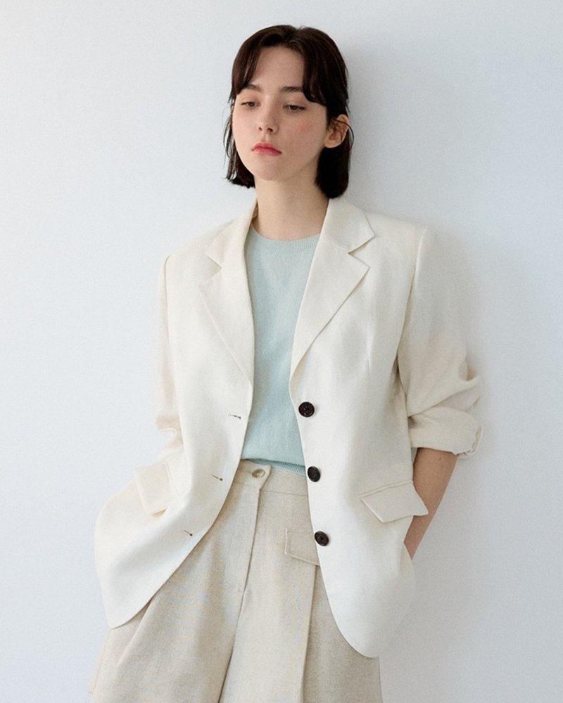 Korea sisterhood, Basic Linen Jacket Long - Ivory - 女大衣/外套 - 棉．麻 透明