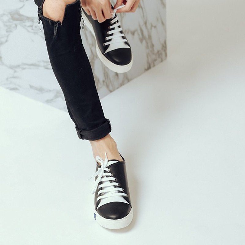 【Clear display】 Rope straps slope asymmetric structure leather casual shoes black male models - รองเท้าลำลองผู้ชาย - หนังแท้ สีดำ