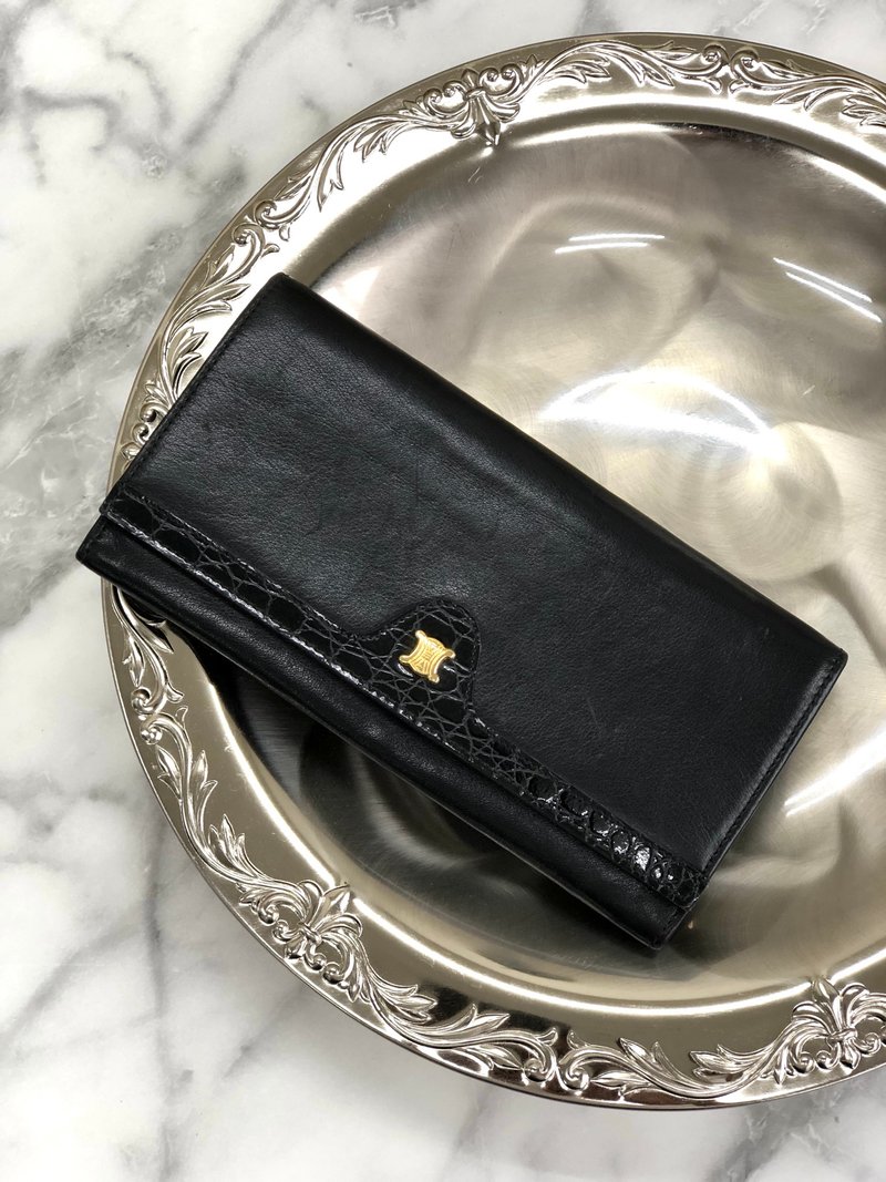 [Japan direct shipment name plate used package] CELINE Celine Blason Triomphe leather crocodile embossed long wallet black wallet vintage sc22gk - กระเป๋าสตางค์ - หนังแท้ สีดำ
