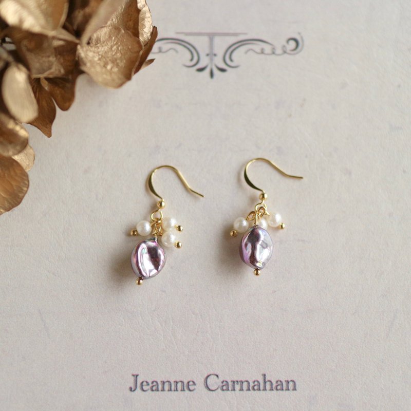 [Seasonal Sale] Light Jewelry 14k Gold A80 Purple Symphony Horseshoe Dangle Earrings Cotton Pearls - Earrings & Clip-ons - Precious Metals Purple