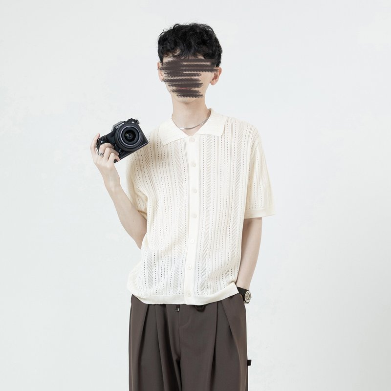 鏤空織紋開襟針織衫 / 米 / - 男毛衣/針織衫 - 聚酯纖維 白色