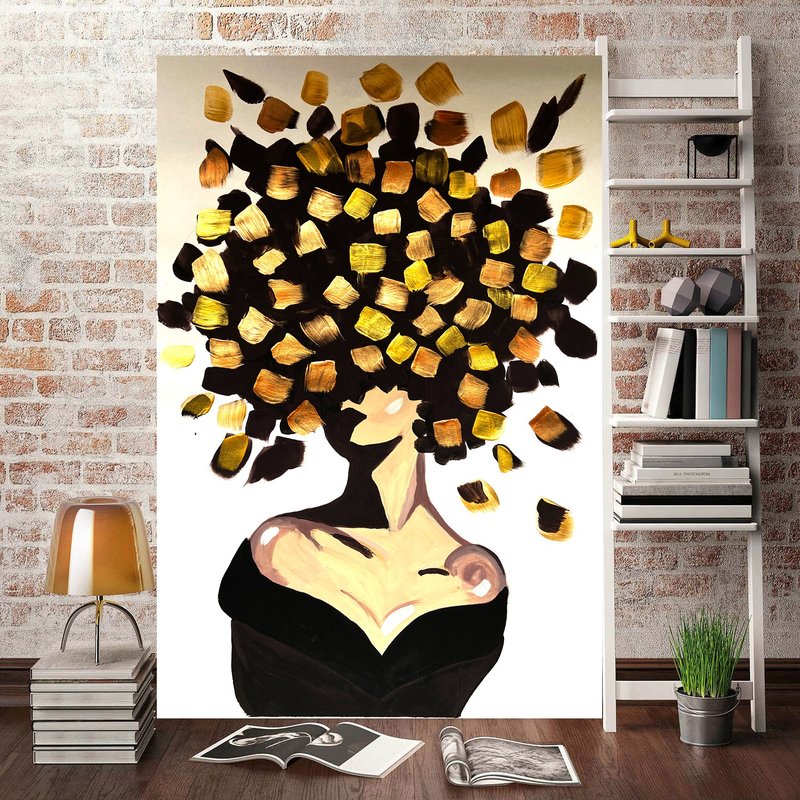 Faceless Painting Woman Original Art Portrait Girl Flowers Artwork Lady Wall Art - Posters - Other Materials Black