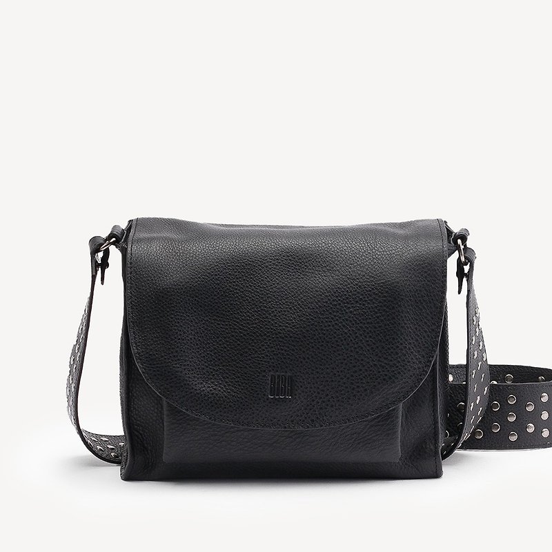 [Spain BIBA] Easley Plain Leather Rivet Strap Crossbody Bag - Black - Messenger Bags & Sling Bags - Genuine Leather Black