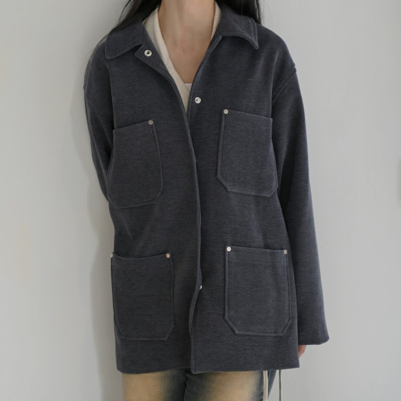 シルバーボタンのスクエアポケット - ユニセックス ストライプベルベットトップスジャケット - ブルー - ジャケット - ナイロン ブルー