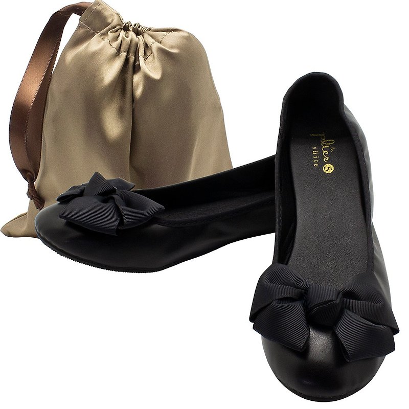 折疊鞋 Les Plier Suite Folding Shoes Ribbon Black with Pouch 折り畳みできる携帯シューズ 携帯スリッポン