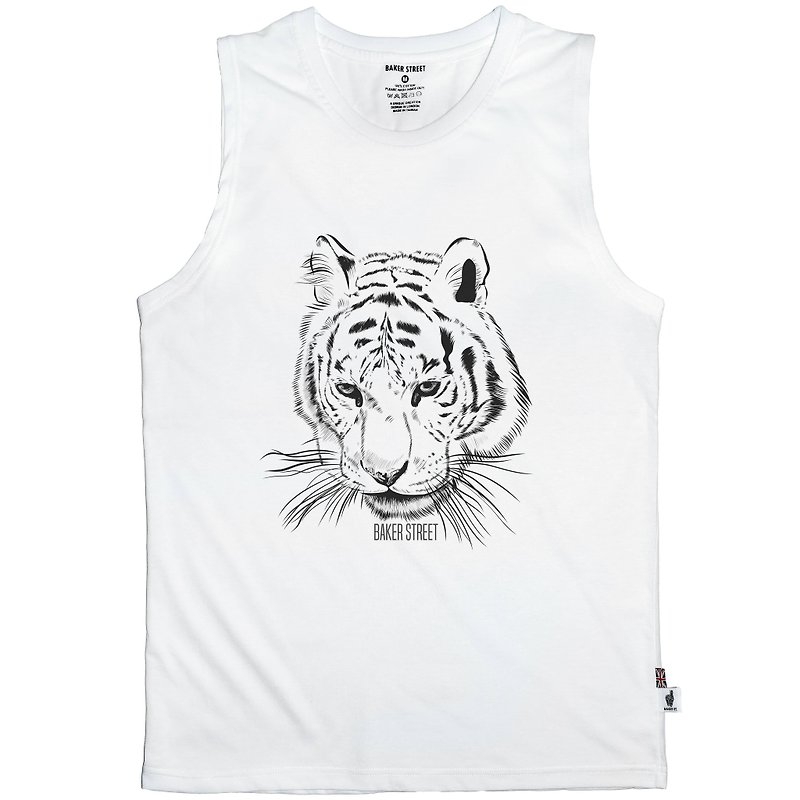 British Fashion Brand -Baker Street- Tiger Printed Tank Top - เสื้อกั๊กผู้หญิง - ผ้าฝ้าย/ผ้าลินิน ขาว