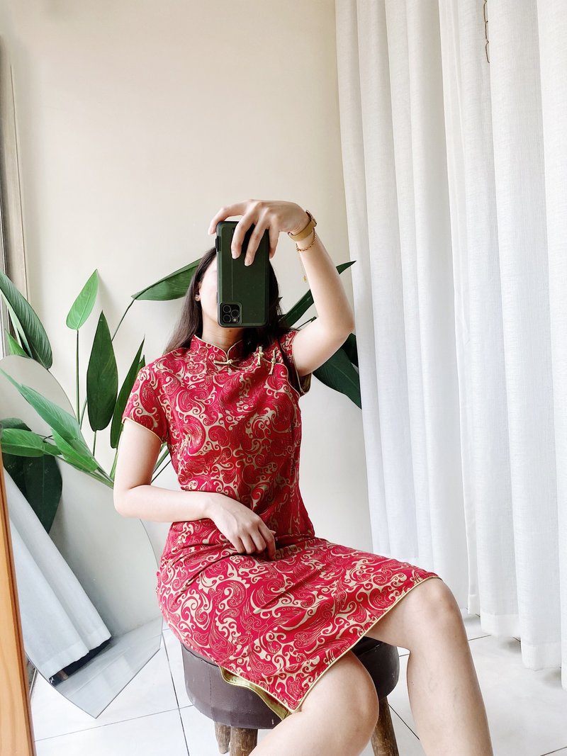 豔紅金絲滾邊旗袍優雅女人 連身裙洋裝上衣長裙 dress - 洋裝/連身裙 - 棉．麻 紅色