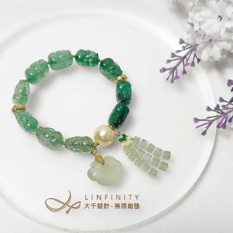 頂級綠草莓晶 貔貅 漸層 岫玉 如意 金貝珠 招財 成功 手鍊 禮物 - 手鍊/手環 - 寶石 綠色