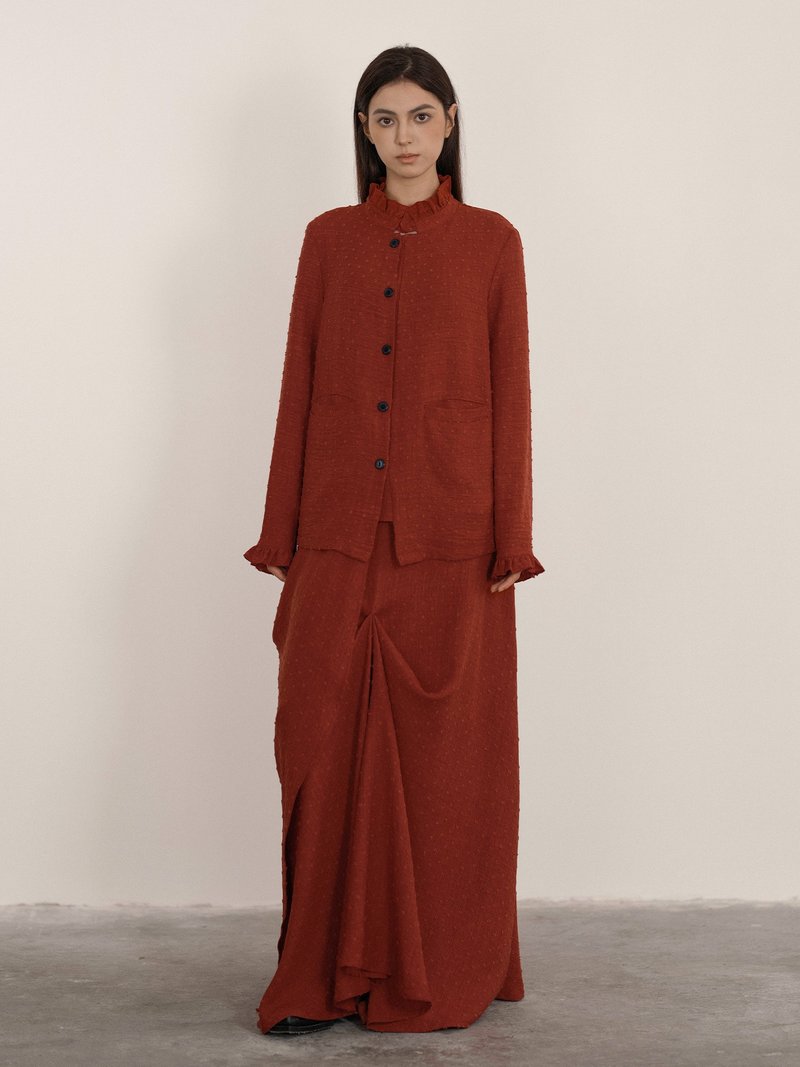 法式極簡 / 立領花邊襯衫 半裙套裝 - 女上衣/長袖上衣 - 其他材質 紅色