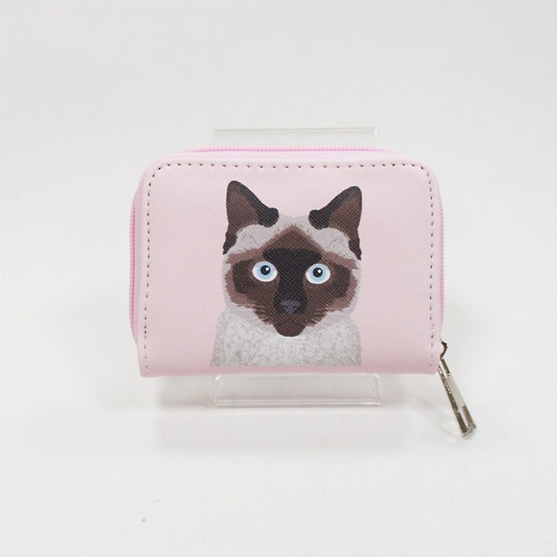 暹羅貓十字紋長方拉鍊零錢包/悠遊卡片包 粉紅色 禮物 - 愛雪莉 - 散紙包 - 人造皮革 粉紅色