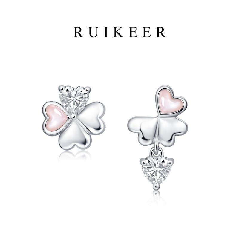 925純銀鍍白金天然粉貝母四葉草愛心不對稱耳環 - 耳環/耳夾/耳骨夾 - 純銀 粉紅色