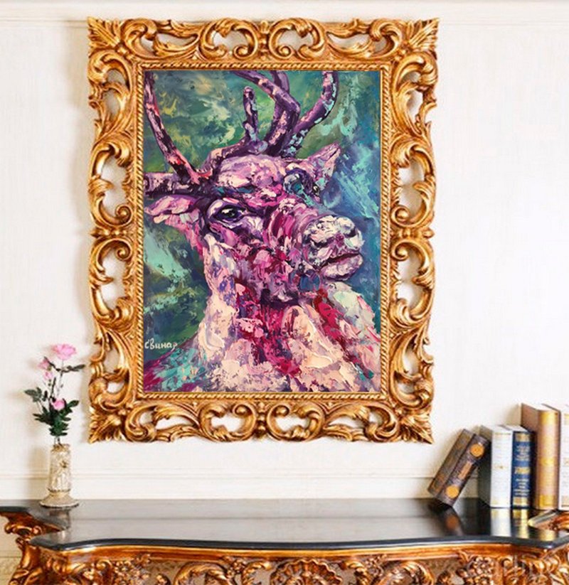 Deer Aurora Borealis Reindeer Animal Oil Painting Art Original Artist Svinar Oks - อื่นๆ - วัสดุอื่นๆ หลากหลายสี