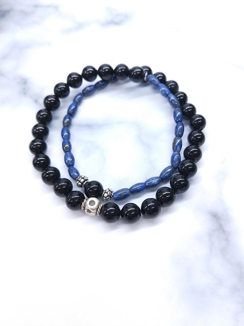 wristband. Lapis lazuli black coral 925 sterling silver double circle bracelet 5mm/8mm Valentine's Day / Christmas gift - Bracelets - Gemstone Blue
