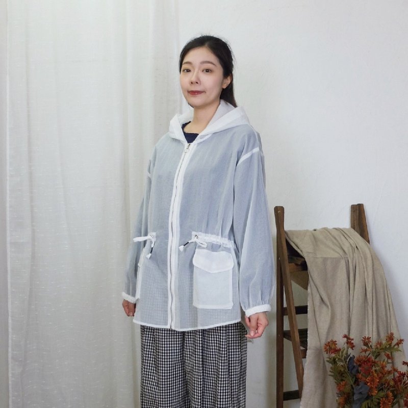 Hana Mokuba 前短後長半透紗網綁帶收腰寬鬆連帽外套 - 女大衣/外套 - 其他材質 
