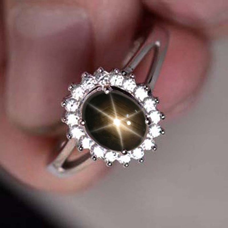 9 x 7 mm. Black Star Natural sapphier ring silver sterling size 7.0 free resize - 戒指 - 純銀 黑色