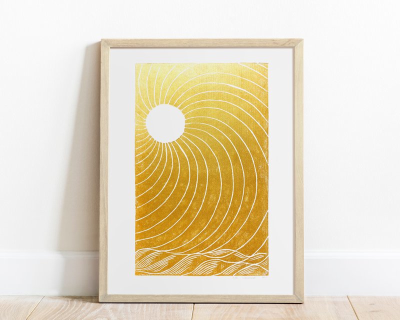 Gold japanese sun Linocut print wall art Original relief artwork Bedroom decor - โปสเตอร์ - กระดาษ สีทอง