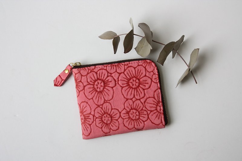 Pigskin slim mini wallet flower cherry pink - Wallets - Genuine Leather Pink
