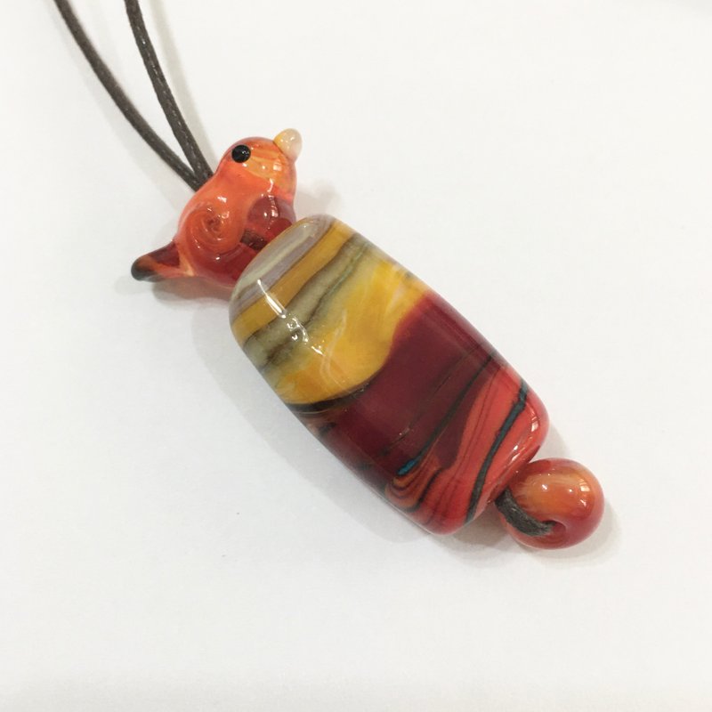 Orange bird and abstract art sunset red glass bead long necklace - สร้อยคอยาว - แก้ว สีแดง