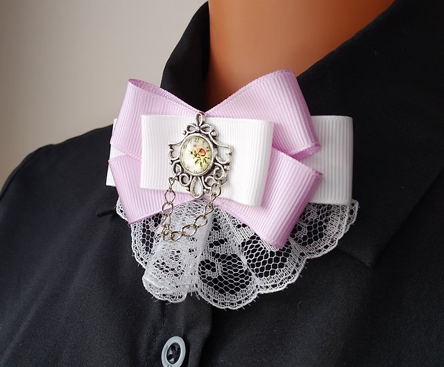 Lilac white bow tie brooch. Collar bow brooch. Lace bow tie pin