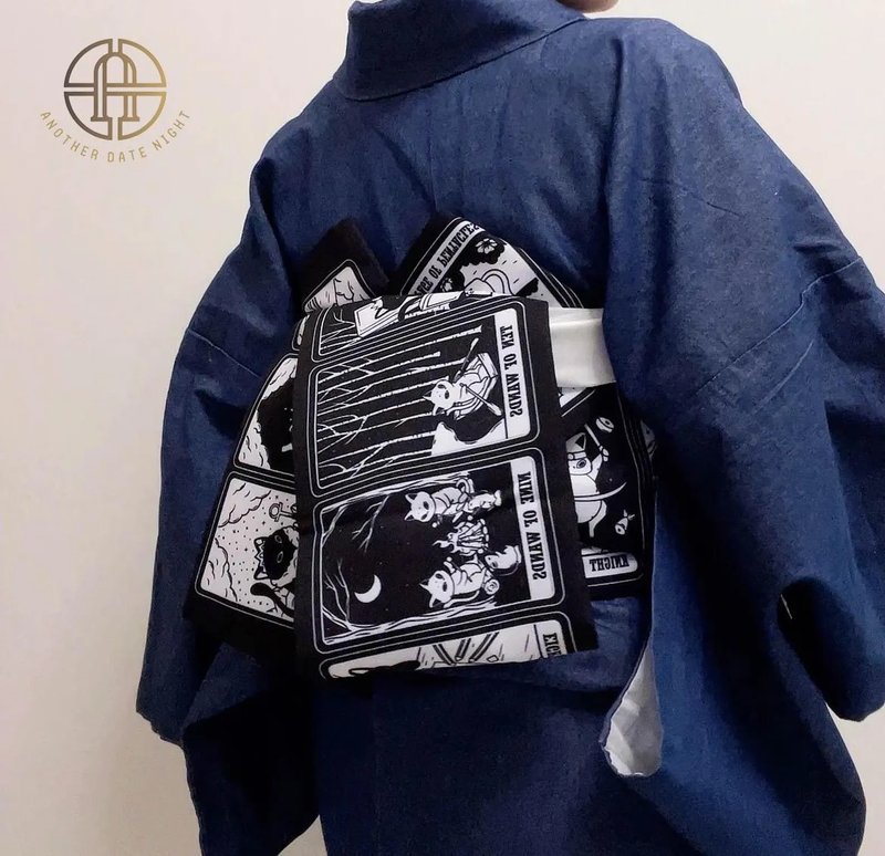 雙面和服半幅帶/ 浴衣腰帶 - 黑色貓咪塔羅牌樣式 - 腰帶/皮帶 - 聚酯纖維 黑色