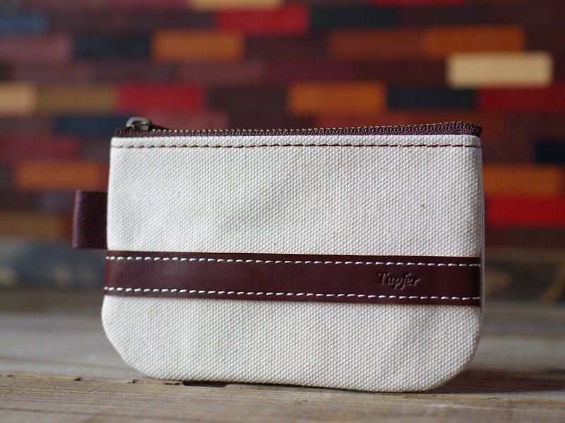 Canvas × Nume leather pouch mini - กระเป๋าเครื่องสำอาง - ผ้าฝ้าย/ผ้าลินิน ขาว