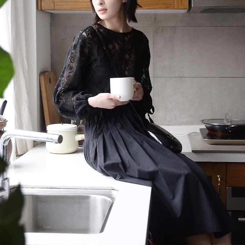 北歐風白色抽繩半身裙-黑色|裙子|棉|獨立品牌|Sora-119 - 裙子/長裙 - 棉．麻 黑色