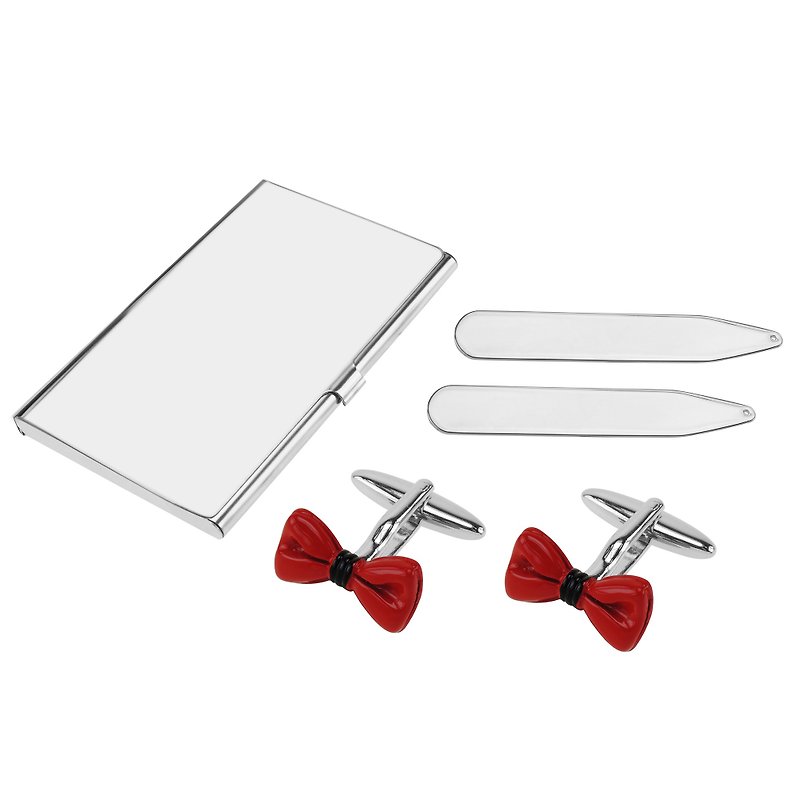 Red Enamel Bow Tie Cufflinks Collar Stays and Card Holder Set - กระดุมข้อมือ - โลหะ สีแดง