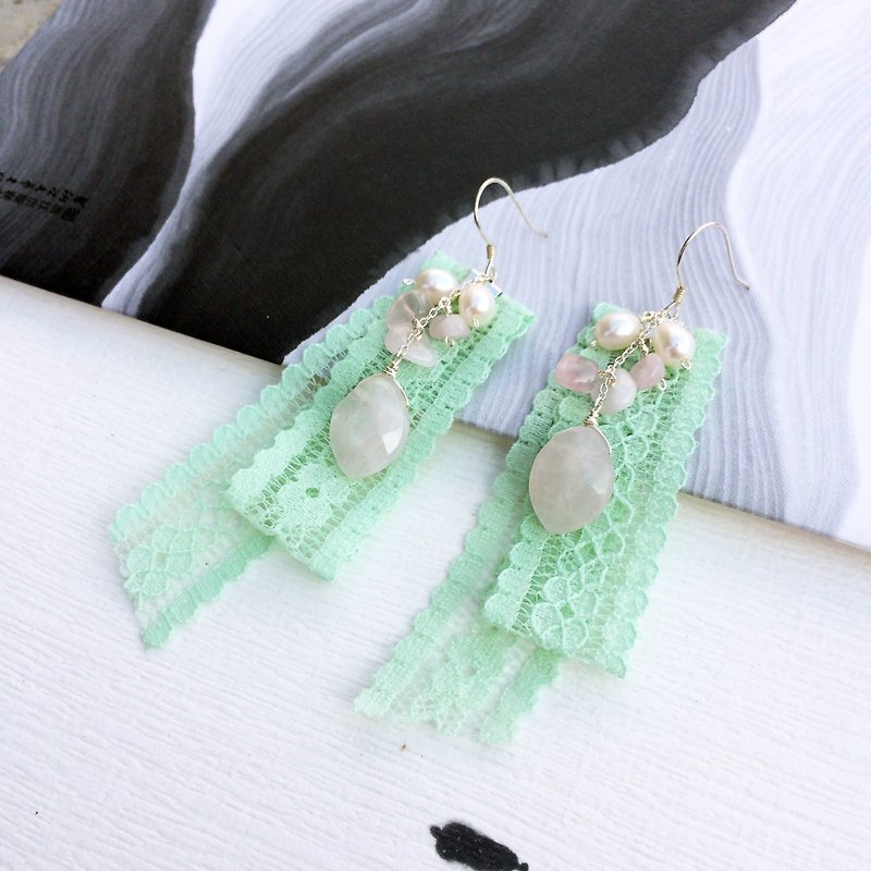 925 silver-romantic lace & rose quartz earrings - ต่างหู - คริสตัล สีเขียว