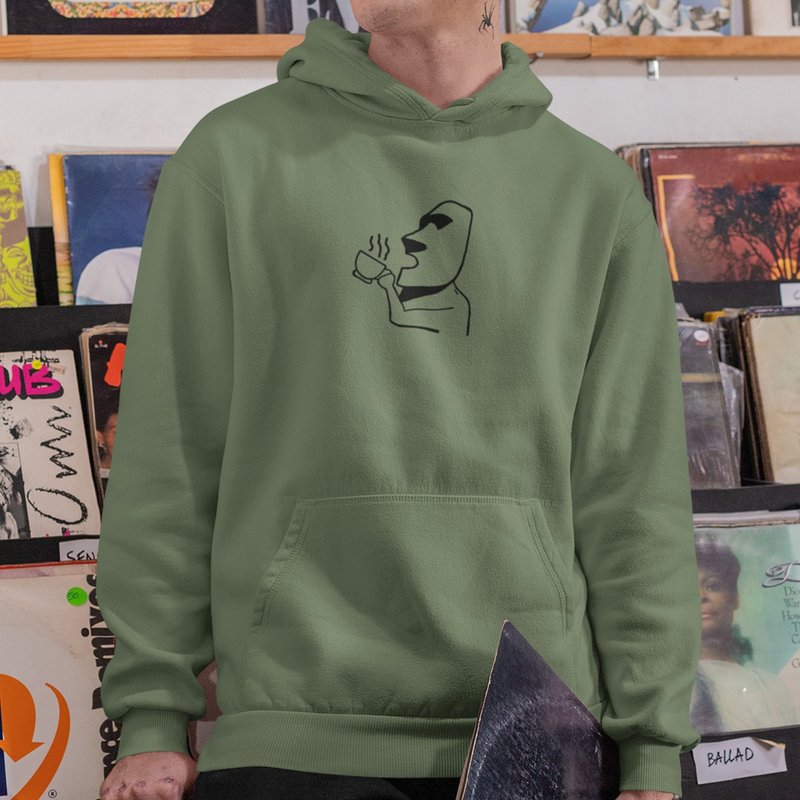 Moai Coffee Army Green unisex hoodie sweatshirt - เสื้อยืดผู้ชาย - ผ้าฝ้าย/ผ้าลินิน สีเขียว