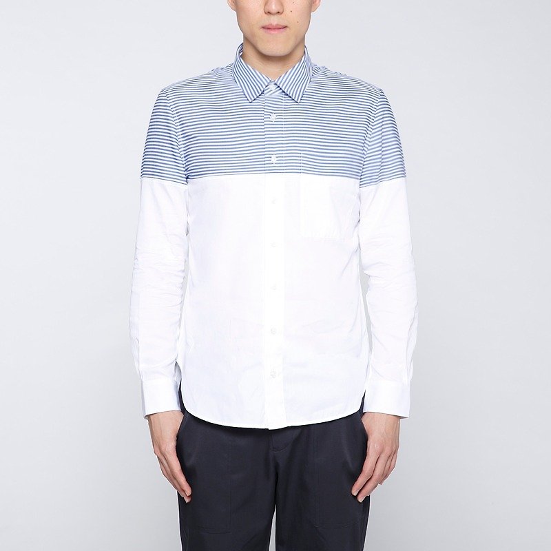 [Sale Clearance] Collagen Stripe Cut-Out Shirt - Blue - เสื้อเชิ้ตผู้ชาย - ผ้าฝ้าย/ผ้าลินิน สีน้ำเงิน