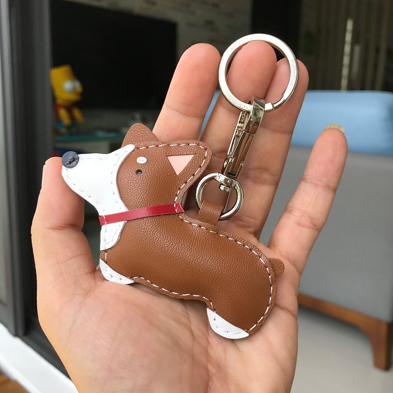 Brown Coki dog handmade sewn leather keychain small size - Keychains - Genuine Leather Brown
