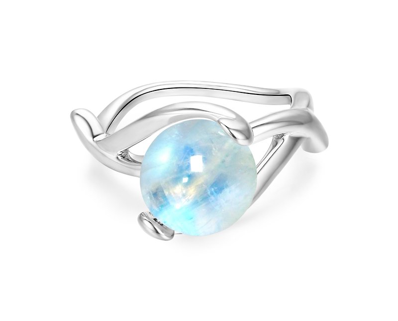 月光石純銀戒指 藍白光個性彩虹飾品 質感銀器 六月誕生石純銀戒 - 戒指 - 純銀 藍色