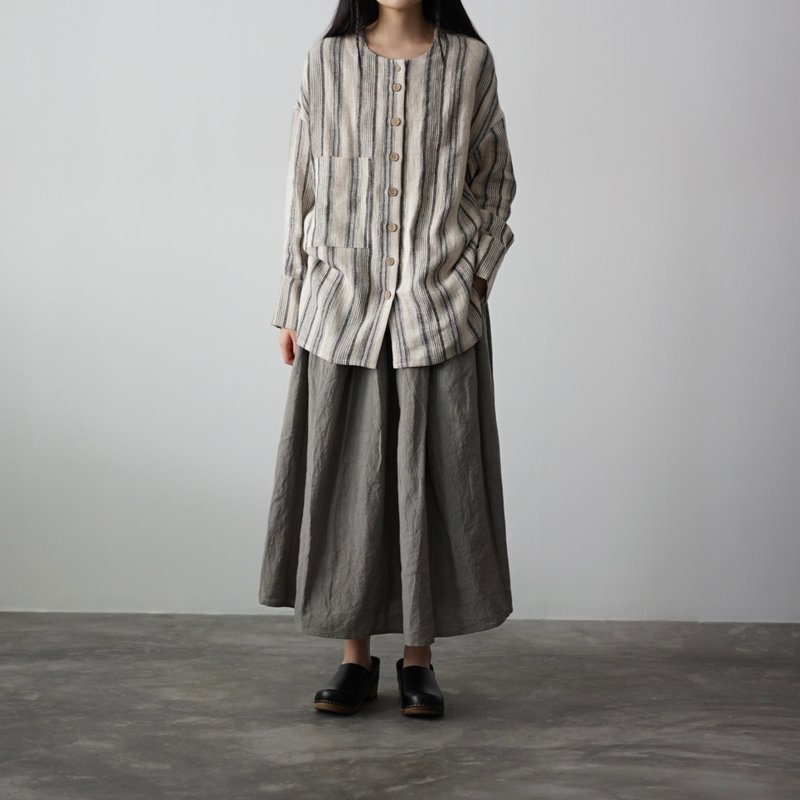 Striped Linen Shirt - เสื้อเชิ้ตผู้หญิง - ผ้าฝ้าย/ผ้าลินิน สีเทา