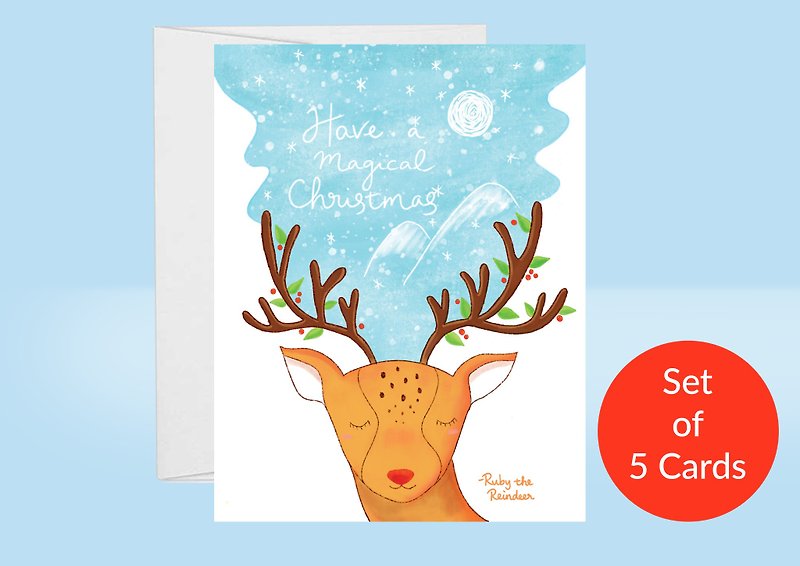 Reindeer Christmas Card Pack, Set of 5 cards, Cute Christmas Card, Holiday Card - การ์ด/โปสการ์ด - กระดาษ 